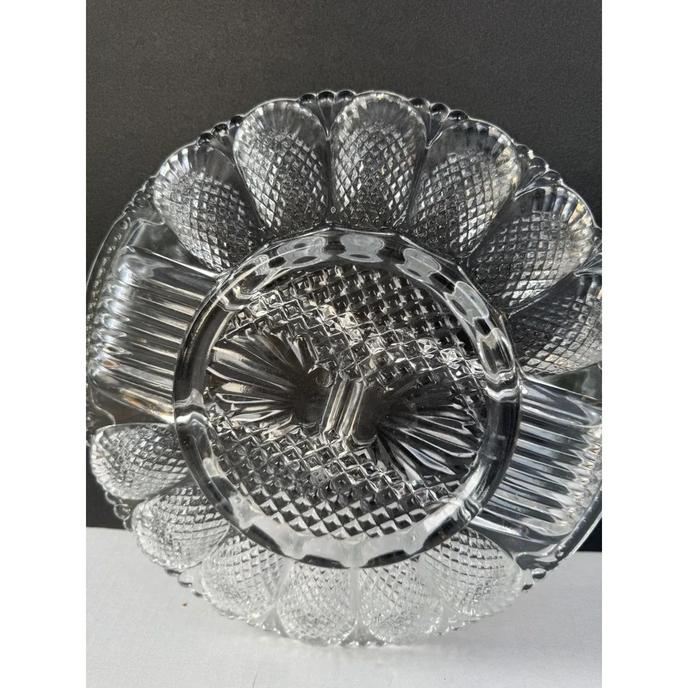 Vintage Clear Pressed Glass Deviled Egg Platter Sunburst Serving Tray